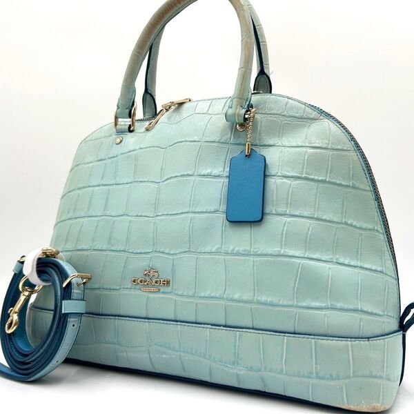 コーチ COACH シエラ ハンドバッグ 2way ショルダーバッグ ドーム型 クロコ型押し サッチェル ボストン 水色 ブルー