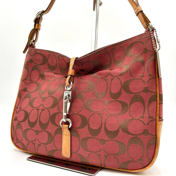 コーチ COACH ワンショルダーバッグ ホーボー キャンバス レザー 肩掛け シグネチャー クリップ レッド 6091