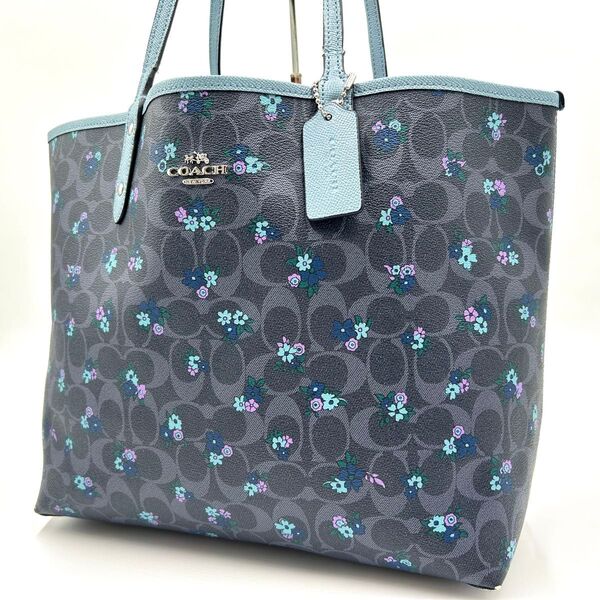 コーチ COACH トートバッグ シティ ハンド フローラル リバーシブル A4◎ 肩掛け 花柄 PVC ブルー ビジネス 自立