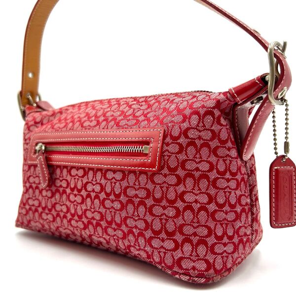 極美品 COACH コーチ アクセサリーポーチ ハンドバッグ ワンショルダー 肩掛け ミニ シグネチャー キャンバス レザー 赤