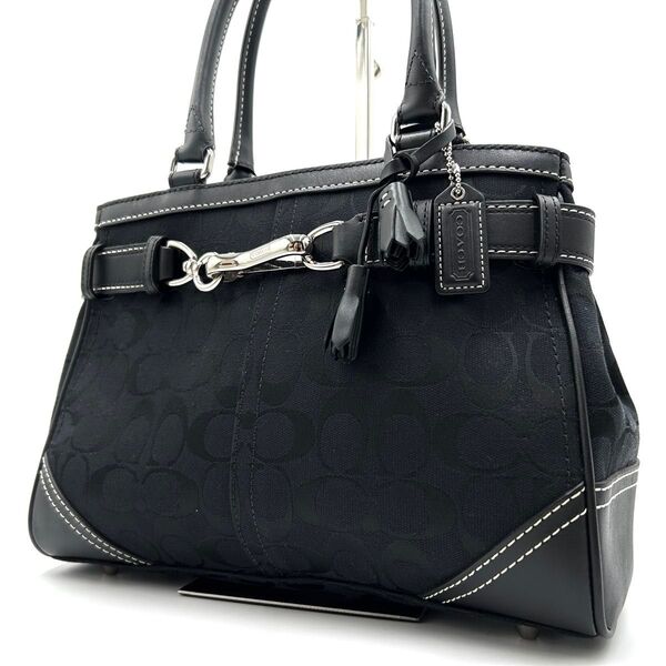 極美品 COACH コーチ ハンドバッグ トート 肩掛け シグネチャー ショルダー キャンバス レザー ブラック 黒 08K06