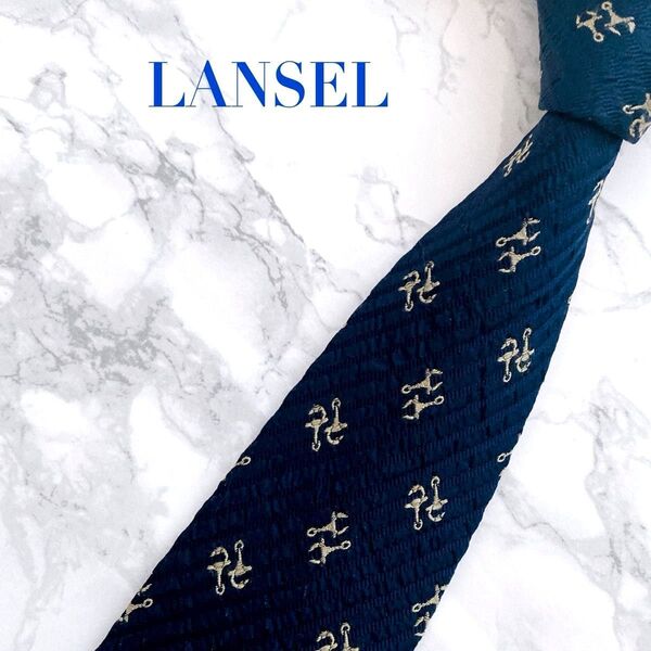 極美品LANSELネクタイ ネイビー*ゴールド シルク100% 総柄