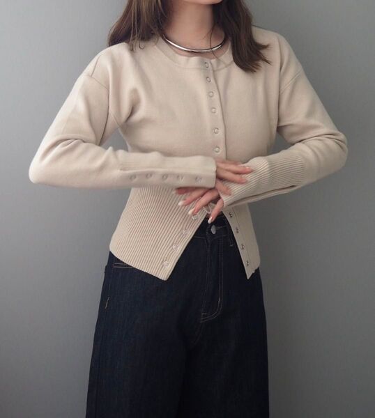 LAULEN リブ切り替え スナップボタン 長袖 ニット カーディガン ベージュ フリー