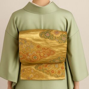 【袋帯】金地に花柄の刺繍 袋帯 着物