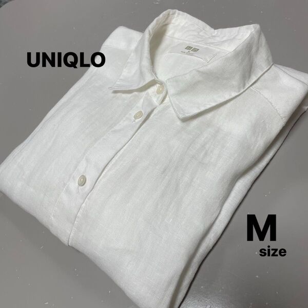 【UNIQLO】ユニクロ レディース プレミアムリネンシャツ 長袖 M 白 ホワイト 麻100% トップス ブラウス 美品