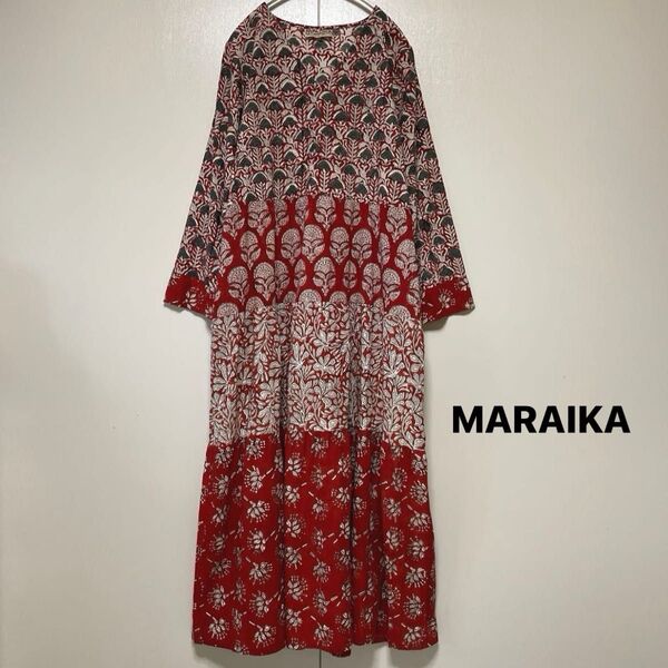 未使用に近い MARAIKA/マライカ ゆったりインド綿ワンピース Vネック 長袖 マキシ丈 総柄 ロング