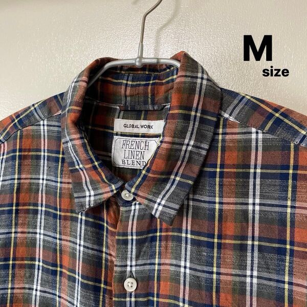 GLOBAL WORK /グローバルワーク フレンチリネンブレンド メンズ半袖シャツ M チェック トップス