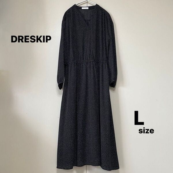 【未使用に近い】DRESKIP/ドレスキップ キーネックワンピース 長袖 ロング L ドット 黒