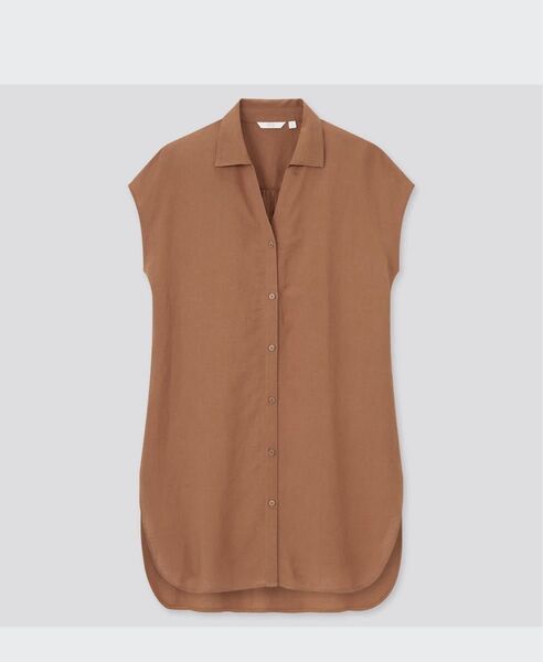 ユニクロ リネンブレンドロングシャツ 半袖 ブラウン ノースリーブ M
