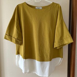 しまむら hareiro晴れ色 五分袖 肘を隠せる Mサイズ 人気マスタードイエロー おしゃれトップス 夏服 美品