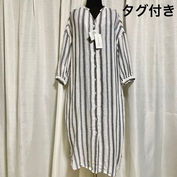 COLZA Vネック フルボタン ロング シャツワンピース ストライプ柄