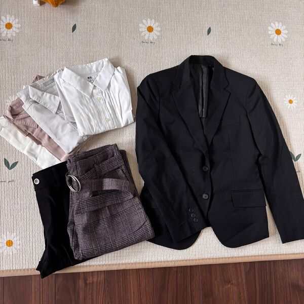 UNIQLO ユニクロ スーツジャケット シャツ パンツ チェック ブラック ブレザー 秋冬 長袖 7点セット