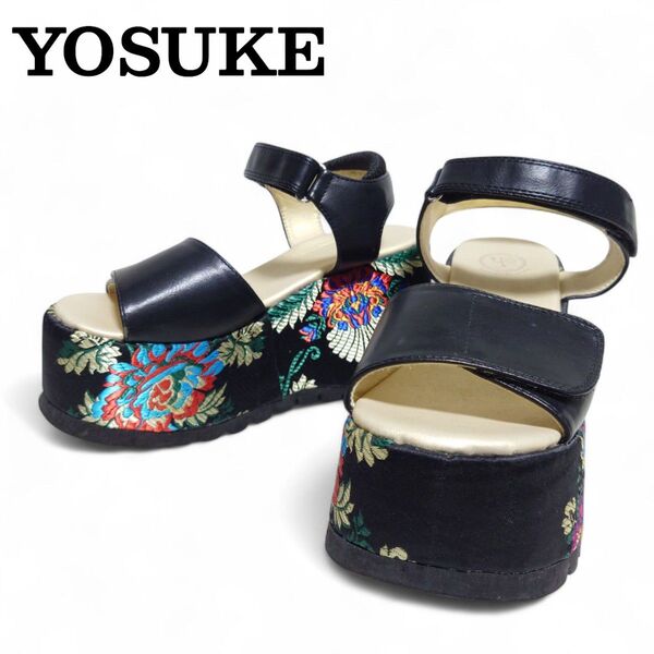 【即日発送/送料無料/価格の相談OK!!】 ヨースケ 厚底サンダル L 刺繍 ベルト ストラップ 花柄 黒 24cm相当