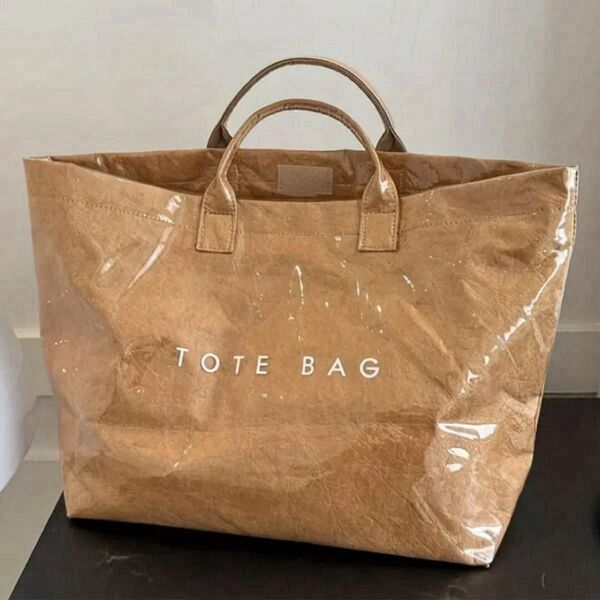 トートバッグ TOTE BAG ブラウン 新品 大容量 多層クラフトペーパー × PVC生地 撥水 クリア 通勤 通学