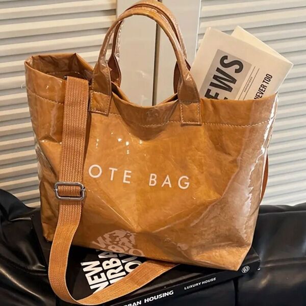 トートバッグ TOTE BAG ブラウン2wy新品 大容量 多層クラフトペーパー × PVC生地 撥水 クリア 通勤 通学