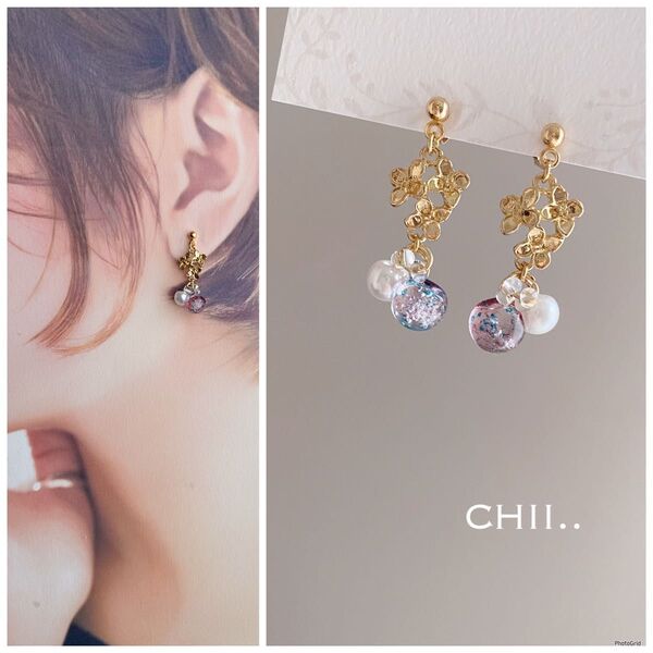 No.575 紫陽花ピアス フラワーピアス 四弁 鈴丸ピアス あじさい ハンドメイド