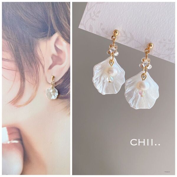 No. 654 貝殻ピアス シェルピアス 淡水パール 花びらピアス ハンドメイド