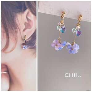 No.588 紫陽花ピアス あじさい チェコビーズピアス 紫 フラワーピアス お花 浴衣 ハンドメイド
