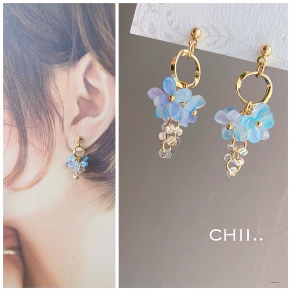 No.666 フラワーピアス お花 青 紫 白 紫陽花ピアス リングピアス 浴衣 ハンドメイド