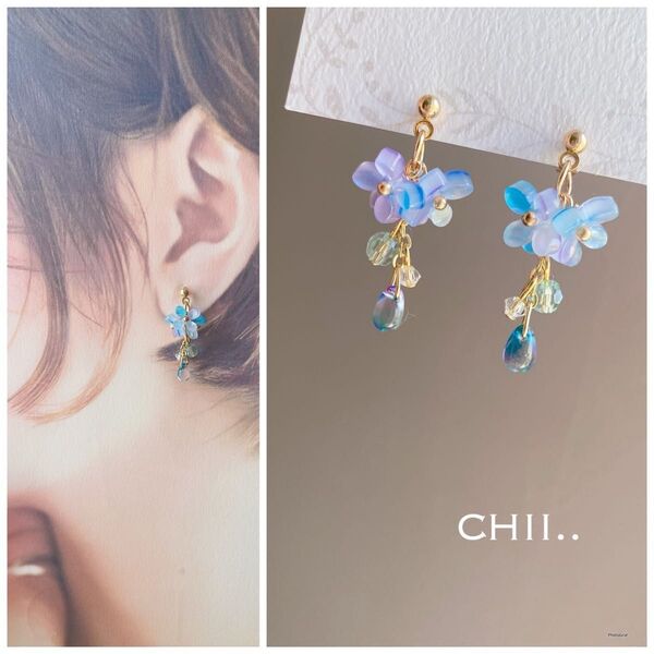 No.665 フラワーピアス お花 四弁 青 紫 白 紫陽花ピアス 浴衣ピアス ハンドメイド
