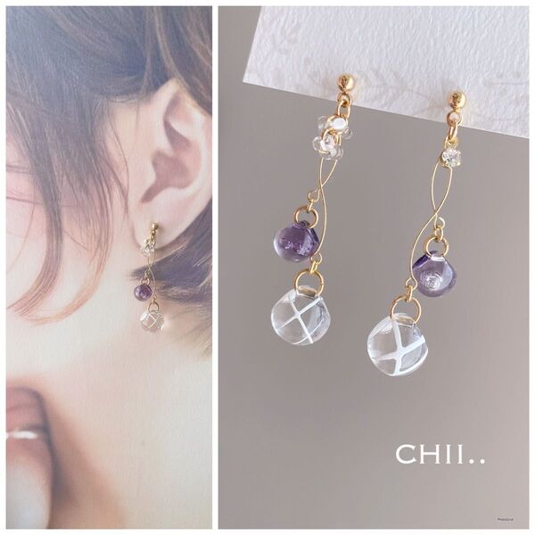 No.646 水風船ピアス ヨーヨーピアス 紫 しゃぼん玉ピアス 浴衣ピアス 夏 ハンドメイド