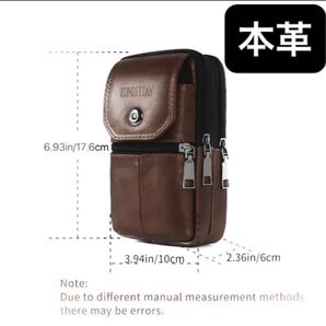 本革★スマホバッグ 携帯電話バッグ 牛革 縦型 ジッパー ダークブラウン レザー ジェニュインレザー 斜め掛け ウエストバッグ