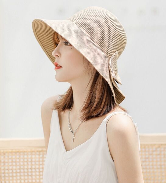 帽子 ストローハット 麦わら帽子 レディース UV 折り畳み リボン 日差し対策 ベージュ つば広