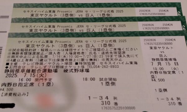 東京ヤクルトvs巨人 7/15 静岡県草薙総合運動場 内野指定席B 連番3枚