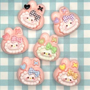 NO.250 デコパーツ アニマル チェックリボン お顔 1個25円 6色各1個セット135円