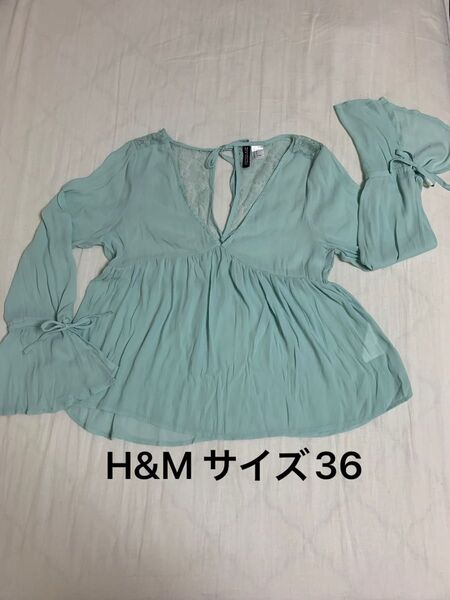 H&M ブラウス ペールグリーン レース Vネック リボン 春夏 サイズ36