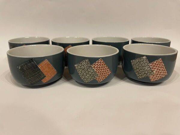 湯呑み 湯飲み アースカラー 茶器 7個セット 昭和レトロ 唐草模様 チェック柄