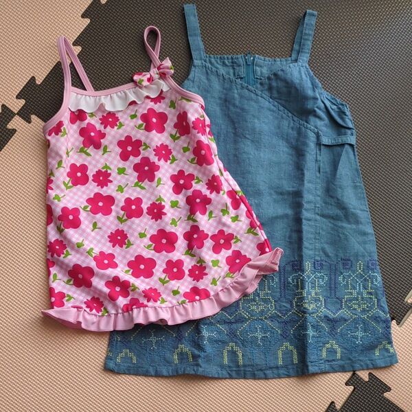 西松屋 花柄 ピンク ワンピース水着 フリル リボン チェック GYMBOREE ワンピース ブルー 100cm 水着と服セット