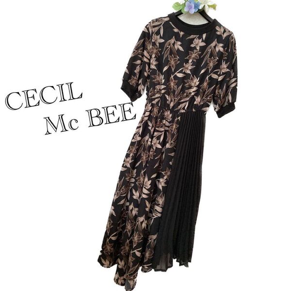 CECIL Mc BEE セシルマクビー 花柄 半袖 ロングワンピース アシンメトリー サイドプリーツ柄ワンピース Mサイズ