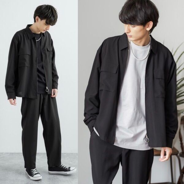Rocky Monroe オーバーサイズ ジップ シャツブルゾン&テーパードパンツ セットアップ M ブラック 送料無料