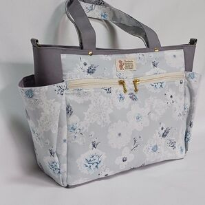 ラスト再販なし 10ポケットトートバッグ(Lサイズ) グレー 花柄