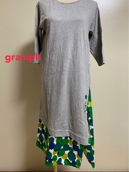 graniph ドット柄ロングワンピース 半袖 グレー