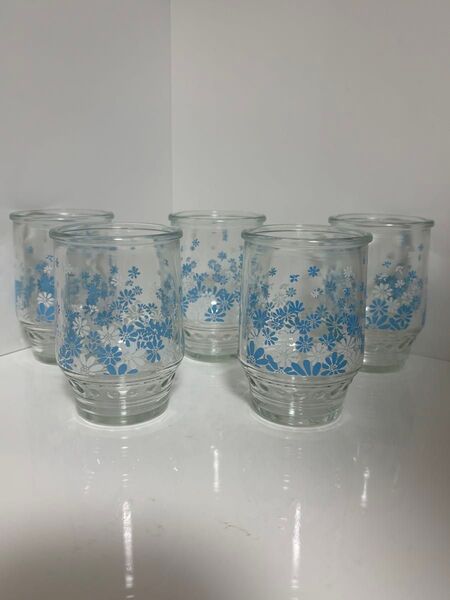 昭和レトロ②☆グラス 5個セット 花柄 冷やしあめ 割れにくい コップ ガラス ワンカップ 水色