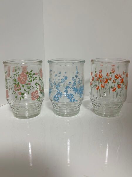 昭和レトロ④☆グラス 3個セット 花柄 冷やしあめ 割れにくい コップ ガラス ワンカップ