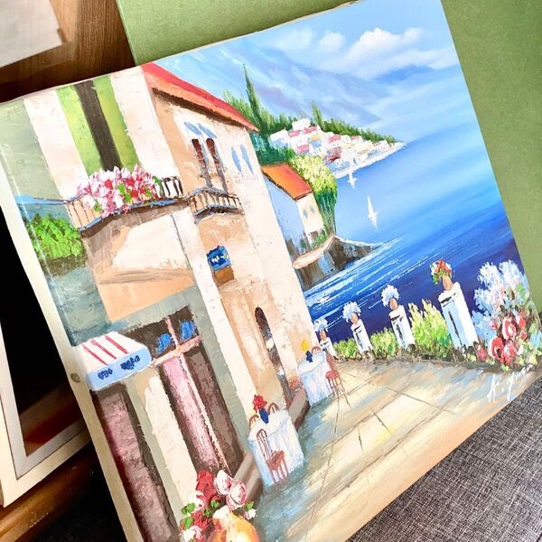 肉筆絵画 油彩画 手描き油絵 F6号「海の見えるカフェ通り」矢田晃 風景画 油絵