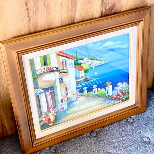肉筆絵画 油彩画 手描き油絵 F6号「海の見えるカフェ通り」矢田晃 風景画 油絵