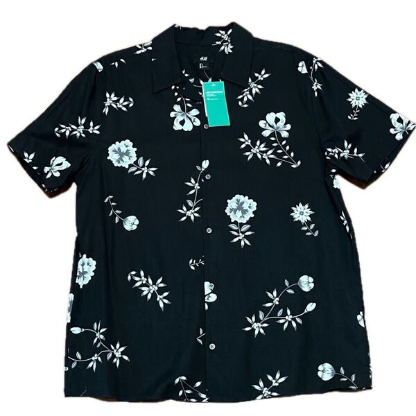 【新品】H&M ブラックアロハ プリント 半袖 シャツ サイズL