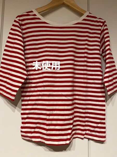 【未使用】赤と白のボーダー柄七分袖カットソー 半袖Tシャツ Tシャツ トップス