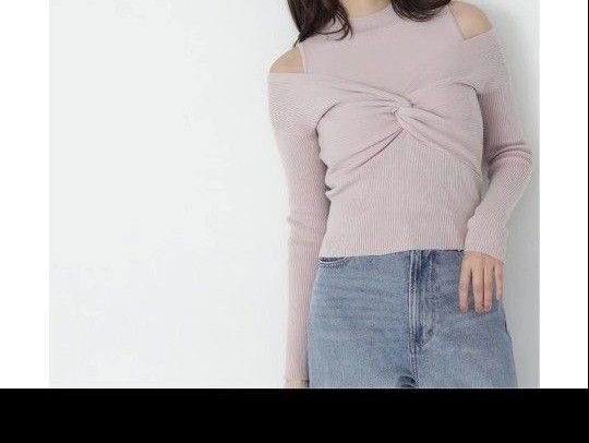 NATURALBEAUTYBASIC/ピンク/リブ/長袖/肩出し/トップス/リボン/ツイスト/デザイン/ニット/オフショル/