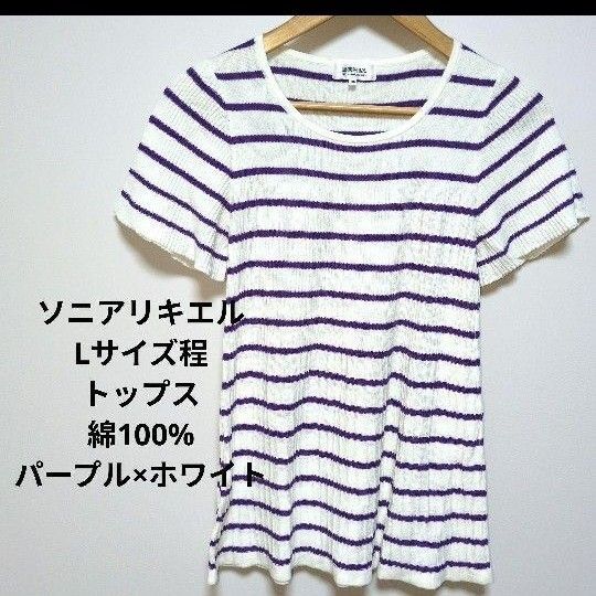 綿100%/SONIARYKIEL/パープル×ホワイト/サマーニット/半袖 Tシャツボーダー カットソー ワンピース ホワイト