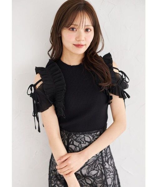 りぼん付きプリーツシフォンフリル切り替えリブニットプルオーバー ブラック