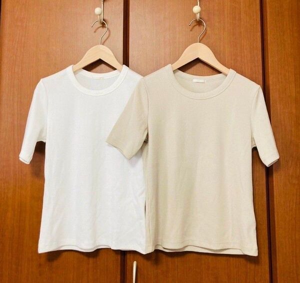 GU ジーユー リブ Tシャツ 半袖 ホワイト ベージュ 2枚セット M 新品