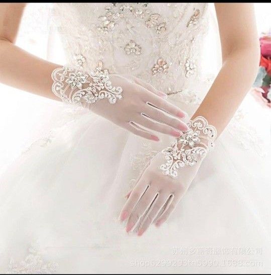 ウエディンググローブ 刺繍 レース ラインストーン 結婚式 ウエディングフォト