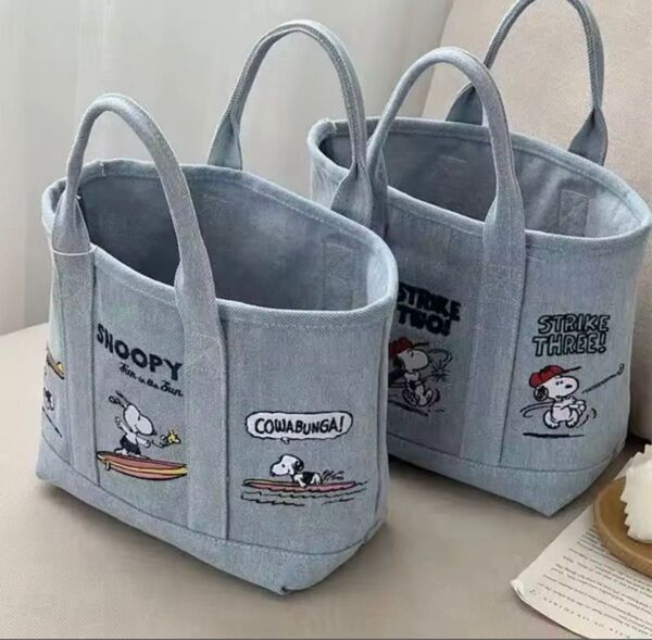 最安値 新品 スヌーピー 刺繍バック デニムトートバッグ ミニバック 刺繍トートバッグ 野球 サーフボード お弁当 サブバッグ