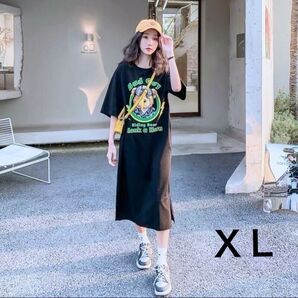 半袖ワンピース Tシャツワンピース ロングワンピース カットソーワンピース 部屋着 ルームウェア ブラック 黒