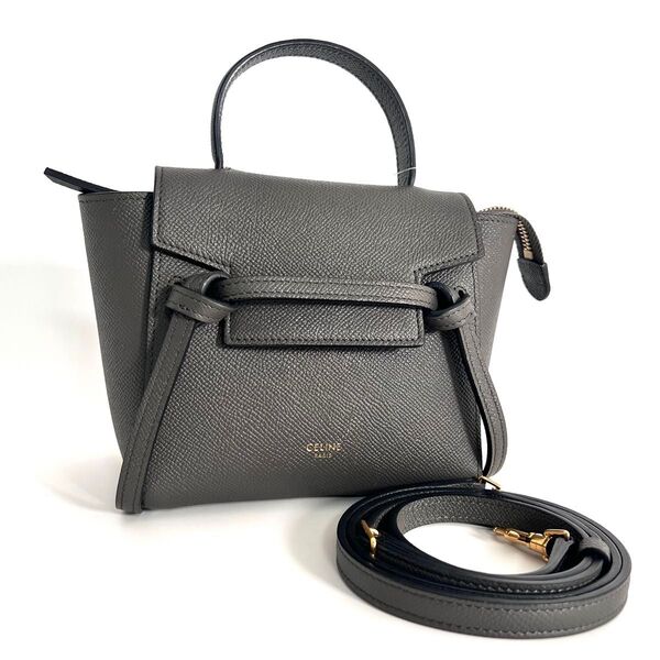 【価格相談可能】美品 CELINE セリーヌ ベルトバッグ ナノ ショルダーバッグ 2way グレー レザー ハンドバッグ